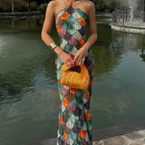 Colorful Printed Halter Maxi Dress