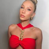Red Metal Strapless Design Bodycon Midi Dress