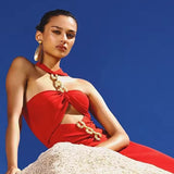 Red Metal Strapless Design Bodycon Midi Dress