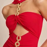 Red Metal Strapless Design Bodycon Midi Dress