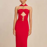 Red Metal Strapless Design Bodycon Midi Dress