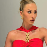 Red Metal Strapless Design Bodycon Midi Dress