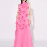 3D Flower Appliqué Mock Neck Midi Dress