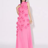 3D Flower Appliqué Mock Neck Midi Dress