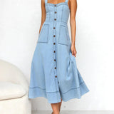 Denim Suspender Casual Button Midi Dress