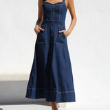 Denim Suspender Casual Button Midi Dress