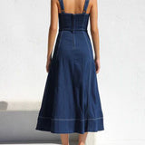 Denim Suspender Casual Button Midi Dress