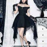 Gothic Folds Corsets A-Line Black Off Shoulder Ball Gown Women Grunge Vintage Aesthetic Harajuku Partywear Dress