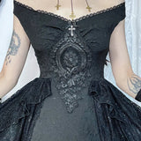 Gothic Folds Corsets A-Line Black Off Shoulder Ball Gown Women Grunge Vintage Aesthetic Harajuku Partywear Dress
