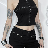 Gothic Sexy Punk Black Knit Bodycon Summer Darkness Harajuku Sleeveless Halter Crop Top