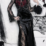 Chain Long Gothic Party Velvet High Slit Lace Patchwork Tube Maxi Bodycon Dress