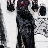 Chain Long Gothic Party Velvet High Slit Lace Patchwork Tube Maxi Bodycon Dress