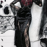 Chain Long Gothic Party Velvet High Slit Lace Patchwork Tube Maxi Bodycon Dress
