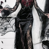 Chain Long Gothic Party Velvet High Slit Lace Patchwork Tube Maxi Bodycon Dress