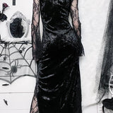 Chain Long Gothic Party Velvet High Slit Lace Patchwork Tube Maxi Bodycon Dress