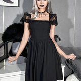 Black Lace Sleeve Elegant Halara Gothic Chic Strap Peasant A-Line Harajuku Retro Waist-in Linen Dress