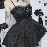 Corset A-Line Mini Black Rose Print Lace Patchwork Shirring Backless Slip Nightclub Dress