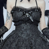 Corset A-Line Mini Black Rose Print Lace Patchwork Shirring Backless Slip Nightclub Dress