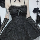 Corset A-Line Mini Black Rose Print Lace Patchwork Shirring Backless Slip Nightclub Dress