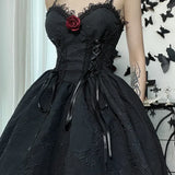 Goth Print Rose Lace Up A Line Fairy Grunge Backless V Neck Summer Party Dress