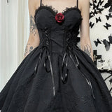 Goth Print Rose Lace Up A Line Fairy Grunge Backless V Neck Summer Party Dress