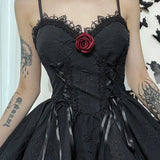 Goth Print Rose Lace Up A Line Fairy Grunge Backless V Neck Summer Party Dress