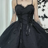 Goth Print Rose Lace Up A Line Fairy Grunge Backless V Neck Summer Party Dress