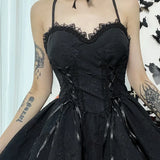 Goth Print Rose Lace Up A Line Fairy Grunge Backless V Neck Summer Party Dress
