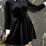 Contrast Collar A-Line Vintage Velvet Long Sleeve Aesthetic Goth Retro Flare Skater Dress