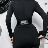 Dark Long Sleeve Punk Aesthetic Turtleneck Wrap Hip Bodycon Slim Moto Biker Style Mini Dress