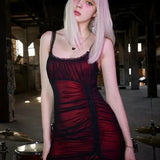 Dark Red Double Mesh Drawstring Ruched Sleeveless Mini Bodycon Vintage Aesthetic Dress