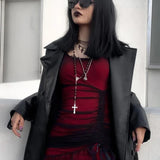 Dark Red Double Mesh Drawstring Ruched Sleeveless Mini Bodycon Vintage Aesthetic Dress
