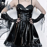 Faux Leather PU Steampunk Sleeveless Backless Lace Ruffle Bandage Bodycon Mini Clubwear Dress