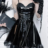 Faux Leather PU Steampunk Sleeveless Backless Lace Ruffle Bandage Bodycon Mini Clubwear Dress