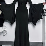 Halloween Sheath Witch Vintage Batwing Sleeve V Neck Long Mermaid Formal Evening Dress