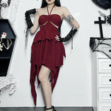 Halter Neck Sexy Sleeveless Ruched Bodycon Asymmetrical A-Line Hem Party Cocktail Mini Dress