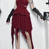 Halter Neck Sexy Sleeveless Ruched Bodycon Asymmetrical A-Line Hem Party Cocktail Mini Dress