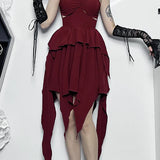 Halter Neck Sexy Sleeveless Ruched Bodycon Asymmetrical A-Line Hem Party Cocktail Mini Dress