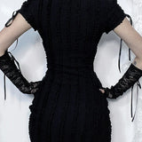 Gothic Hollow Out Vertical Collar Short Sleeve Vertical Texture Knitted Hip Dress