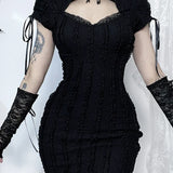 Gothic Hollow Out Vertical Collar Short Sleeve Vertical Texture Knitted Hip Dress
