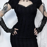 Gothic Hollow Out Vertical Collar Short Sleeve Vertical Texture Knitted Hip Dress