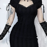 Gothic Hollow Out Vertical Collar Short Sleeve Vertical Texture Knitted Hip Dress