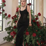 Lace Patchwork Strappy Sexy Backless See Through Sleeveless Spaghetti Strap Party Dress