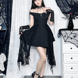 Gothic Lace Pleated Off Shoulder Fluffy Floral Patchwork Retro A Line Grunge Dress
