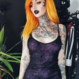 Gothic Lace Stretch Spaghetti Strap Spider Web Print Contrast Lace Cami Grunge Dress
