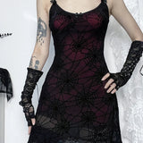 Gothic Lace Stretch Spaghetti Strap Spider Web Print Contrast Lace Cami Grunge Dress