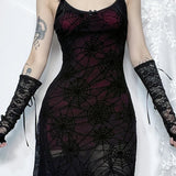Gothic Lace Stretch Spaghetti Strap Spider Web Print Contrast Lace Cami Grunge Dress