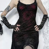Gothic Lace Stretch Spaghetti Strap Spider Web Print Contrast Lace Cami Grunge Dress