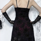 Gothic Lace Stretch Spaghetti Strap Spider Web Print Contrast Lace Cami Grunge Dress