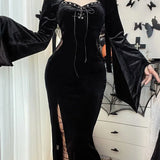 Long Dress Suit With Hat See Through Velvet Lace Cutout High Slit Long Sleeve Button Lace-up Party Dress